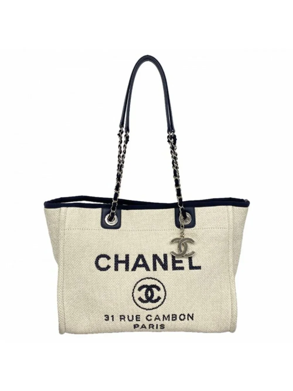 Chanel Chain Tote Deauville Straw Ivory Navy Silver